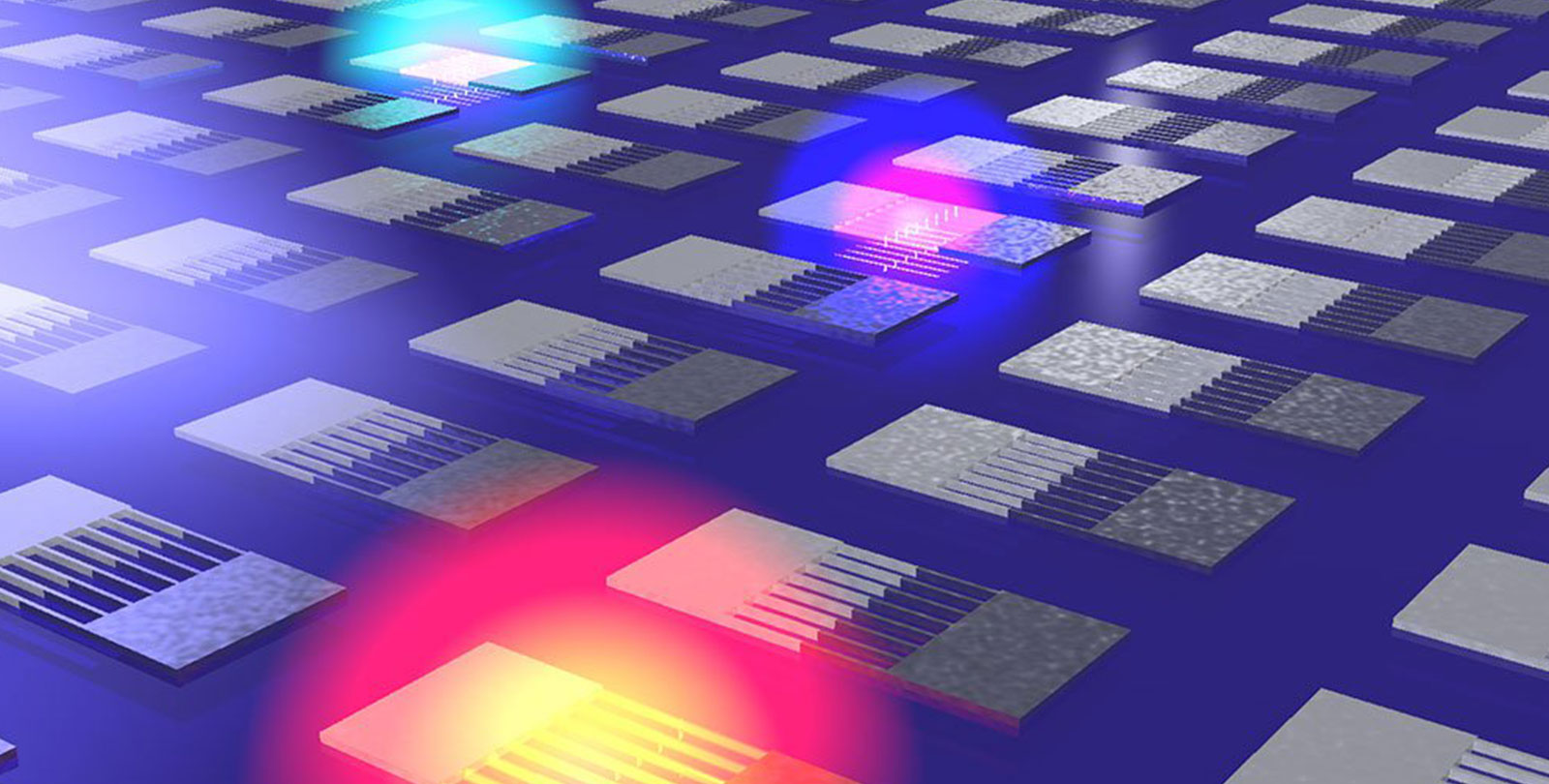 Artist's representation of a conceptual design for the color detector, which uses thermoelectric structures with with arrays of nanoscale wires that absorb different wavelengths of light based on their width.